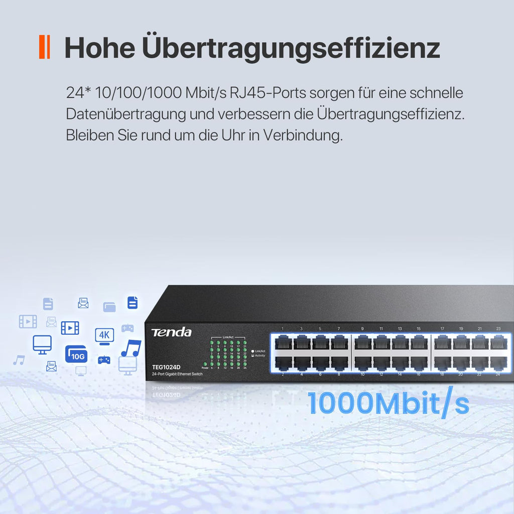 Tenda Gigabit Switch 24 Port Netzwerk Switch 19 Zoll Rackeinbau LAN Switch