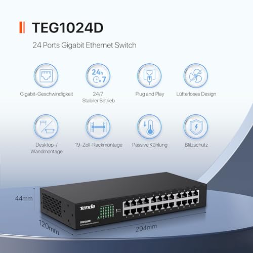 Tenda Gigabit Switch 24 Port Netzwerk Switch 19 Zoll Rackeinbau LAN Switch
