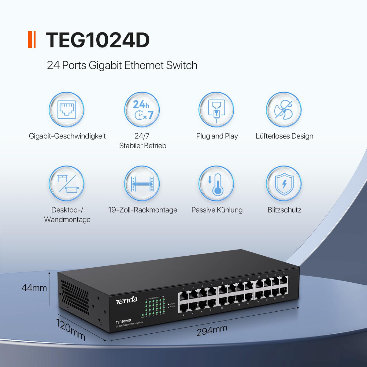Tenda Gigabit Switch 24 Port Netzwerk Switch 19 Zoll Rackeinbau LAN Switch