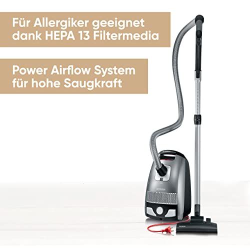 SEVERIN Bodenstaubsauger mit Beutel S'POWER, leistungsstarker & leiser Staubsauger mit 360° Rollen, HEPA 13 Filter, Zubehör für Parkett & Teppich, platingrau - granatrot, BC 7045