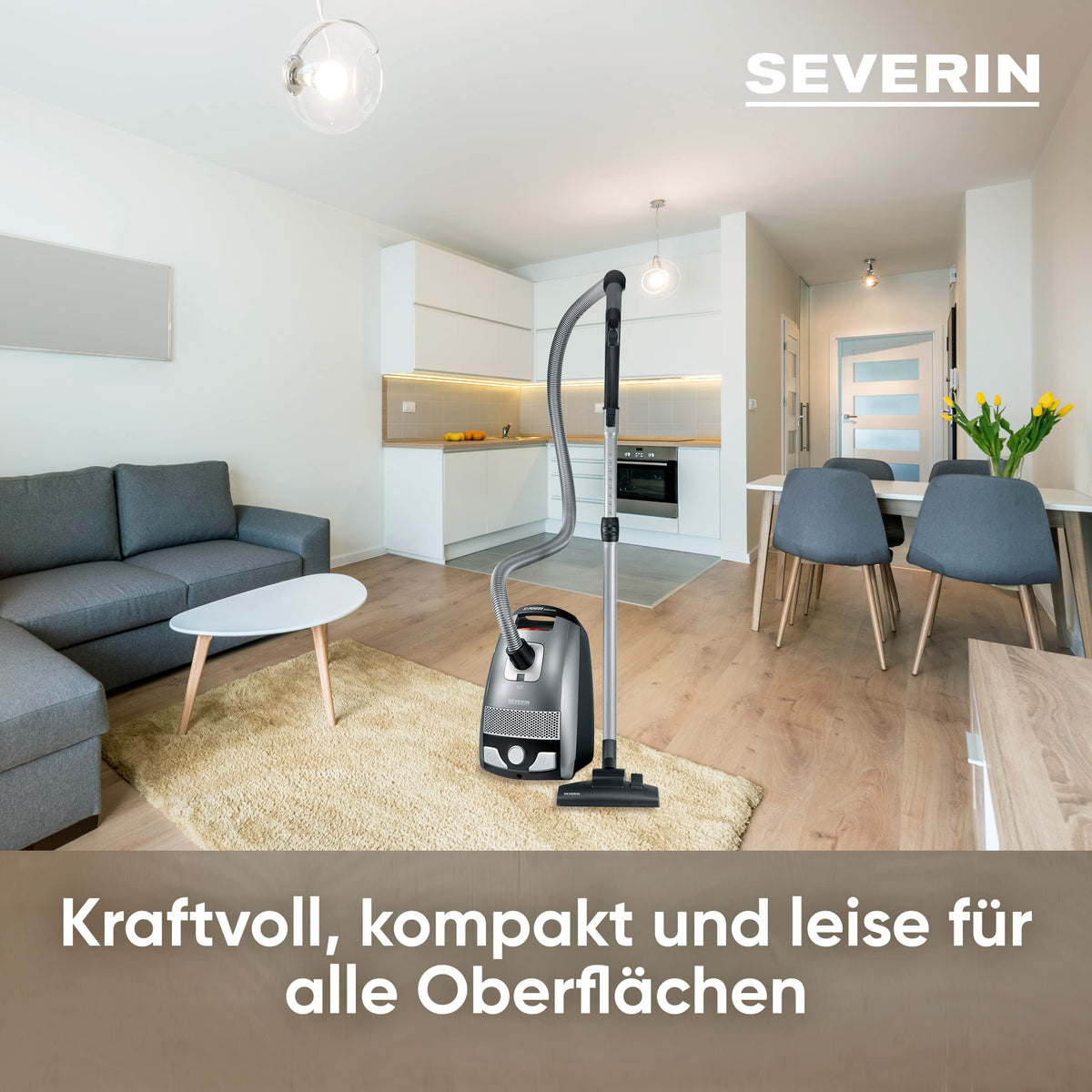 SEVERIN Bodenstaubsauger mit Beutel S'POWER, leistungsstarker & leiser Staubsauger mit 360° Rollen, HEPA 13 Filter, Zubehör für Parkett & Teppich, platingrau - granatrot, BC 7045