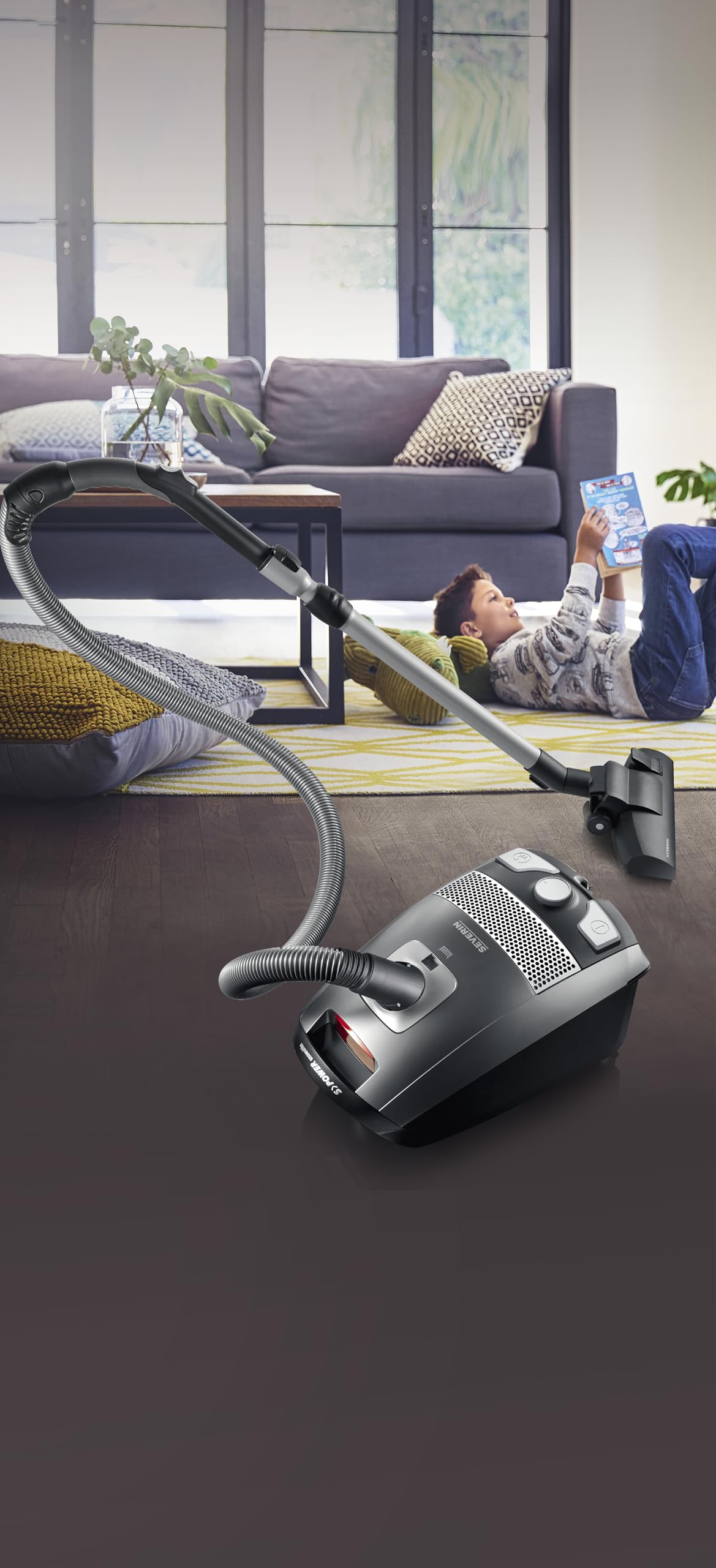 SEVERIN Bodenstaubsauger mit Beutel S'POWER, leistungsstarker & leiser Staubsauger mit 360° Rollen, HEPA 13 Filter, Zubehör für Parkett & Teppich, platingrau - granatrot, BC 7045