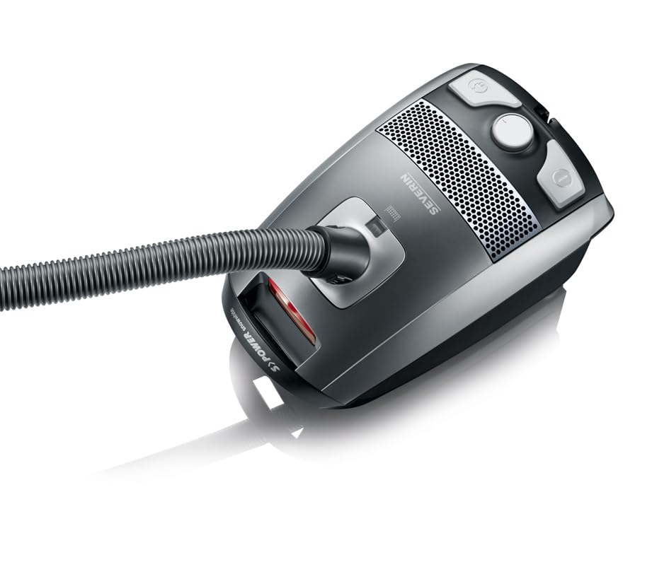 SEVERIN Bodenstaubsauger mit Beutel S'POWER, leistungsstarker & leiser Staubsauger mit 360° Rollen, HEPA 13 Filter, Zubehör für Parkett & Teppich, platingrau - granatrot, BC 7045