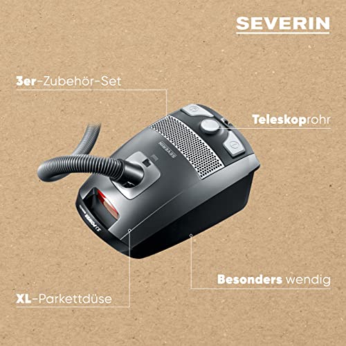 SEVERIN Bodenstaubsauger mit Beutel S'POWER, leistungsstarker & leiser Staubsauger mit 360° Rollen, HEPA 13 Filter, Zubehör für Parkett & Teppich, platingrau - granatrot, BC 7045