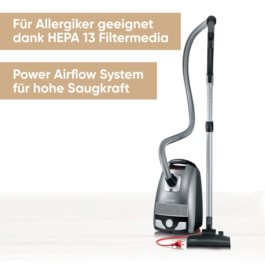 SEVERIN Bodenstaubsauger mit Beutel S'POWER, leistungsstarker & leiser Staubsauger mit 360° Rollen, HEPA 13 Filter, Zubehör für Parkett & Teppich, platingrau - granatrot, BC 7045