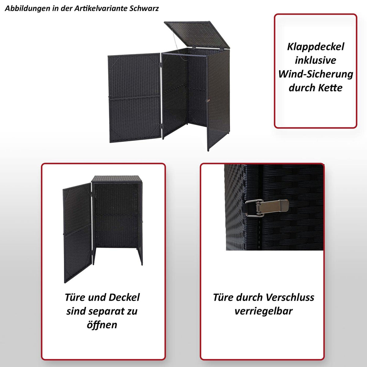 Mendler Mülltonnenverkleidung HWC-E25 Poly-Rattan 120l - schwarz