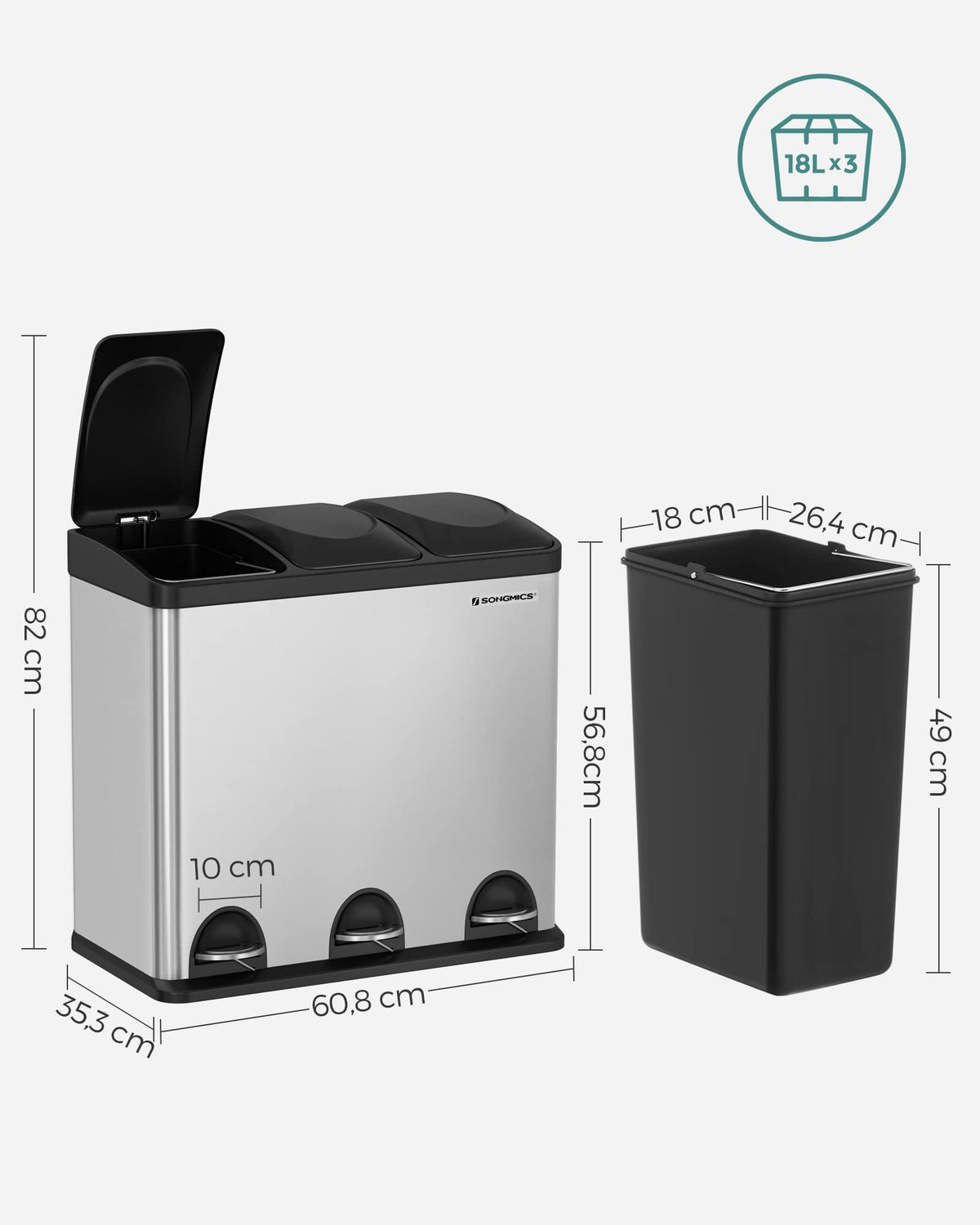 SONGMICS Mülleimer für die Küche, Treteimer mit 3 Fächern, 3 x 18 Liter