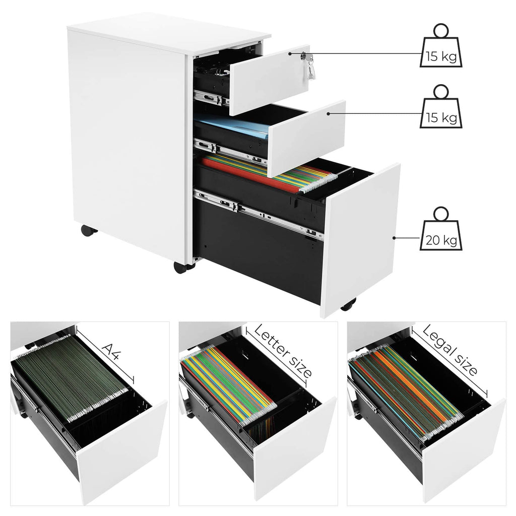 SONGMICS Rollcontainer, unter Schreibtisch, mit 3 Schublade, vormontiert