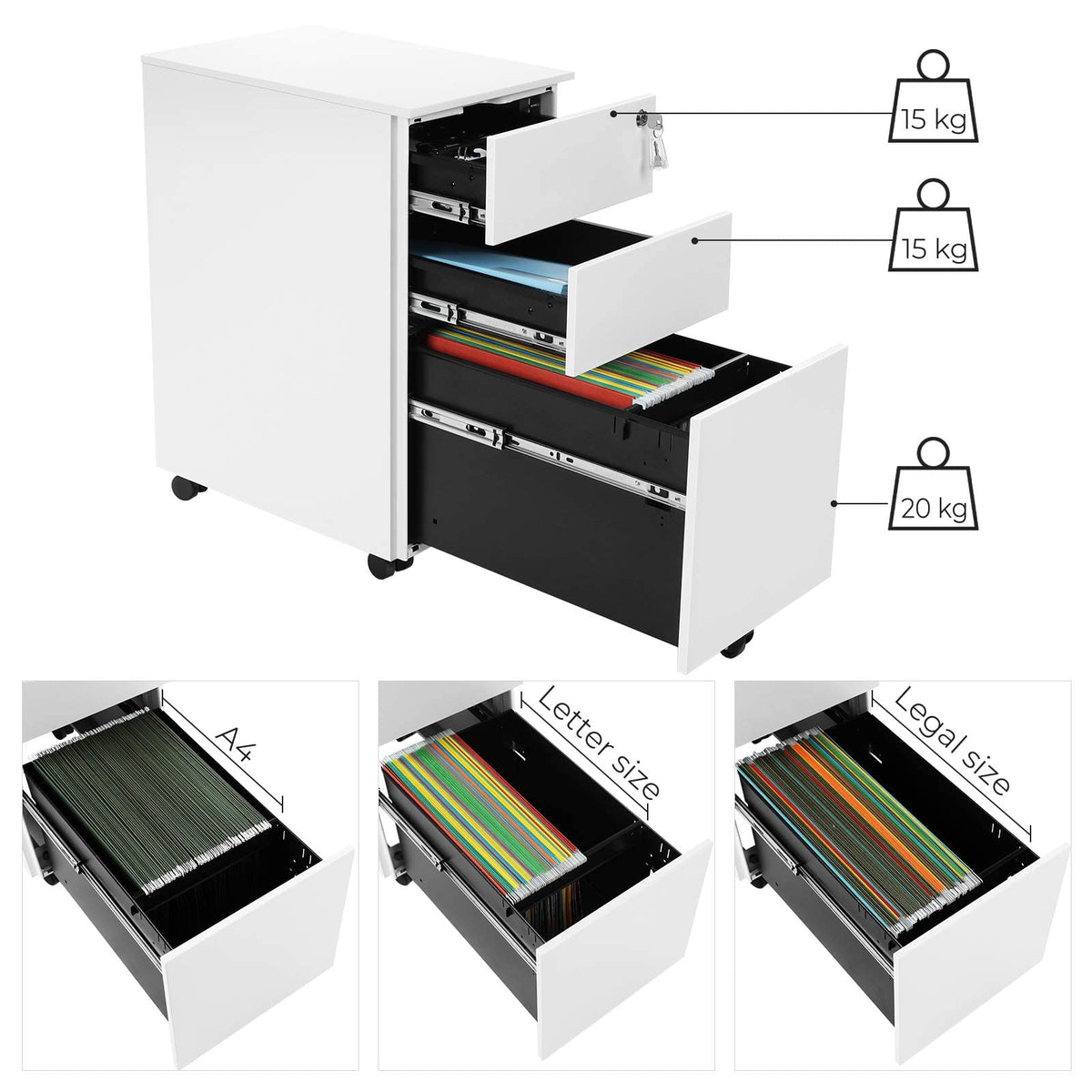 SONGMICS Rollcontainer, unter Schreibtisch, mit 3 Schublade, vormontiert