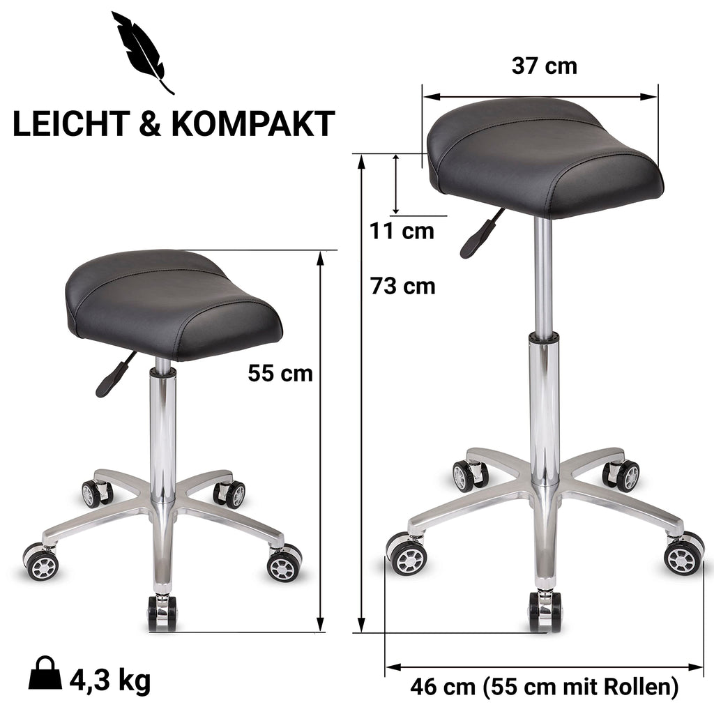 Staboos Rollhocker bis 160 kg - Sattelsitz ergonomisch geformter Praxishocker mit Rollen - Drehhocker höhenverstellbar (55 cm bis 75 cm) Breitsitz