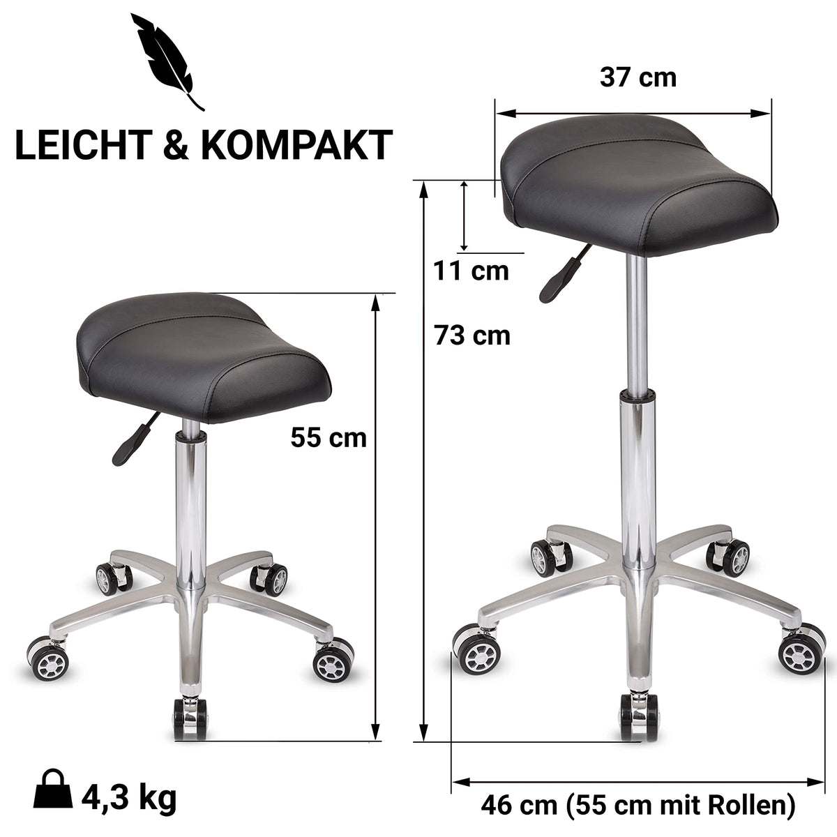 Staboos Rollhocker bis 160 kg - Sattelsitz ergonomisch geformter Praxishocker mit Rollen - Drehhocker höhenverstellbar (55 cm bis 75 cm) Breitsitz