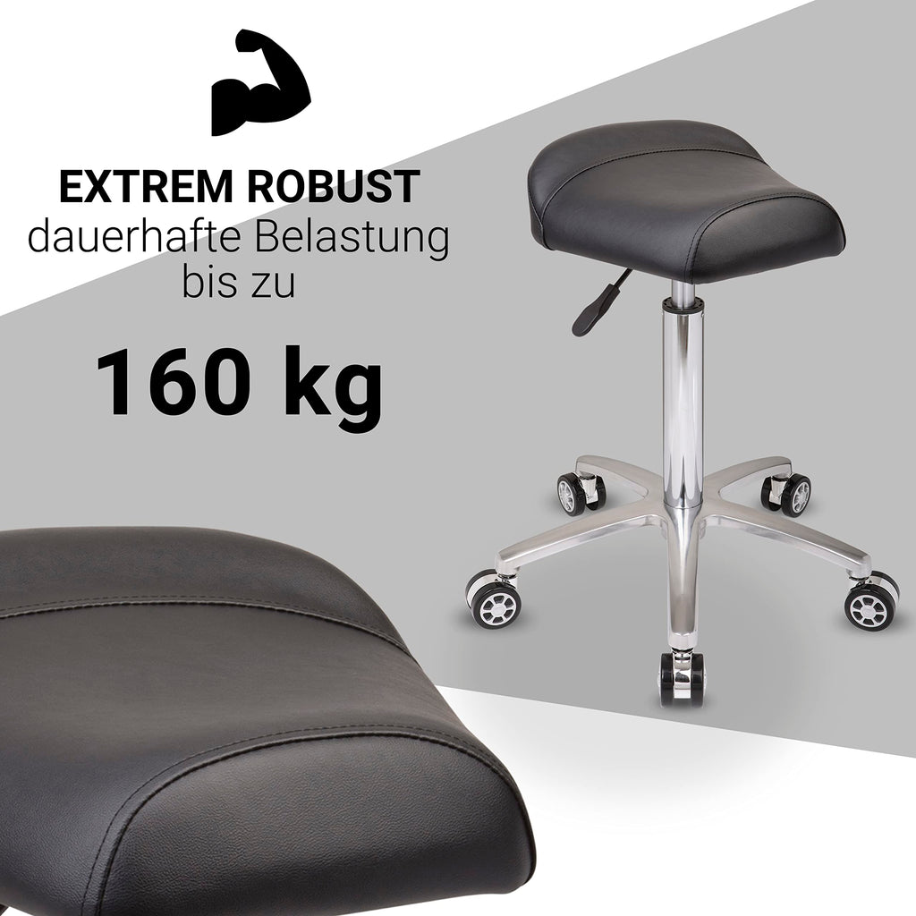 Staboos Rollhocker bis 160 kg - Sattelsitz ergonomisch geformter Praxishocker mit Rollen - Drehhocker höhenverstellbar (55 cm bis 75 cm) Breitsitz