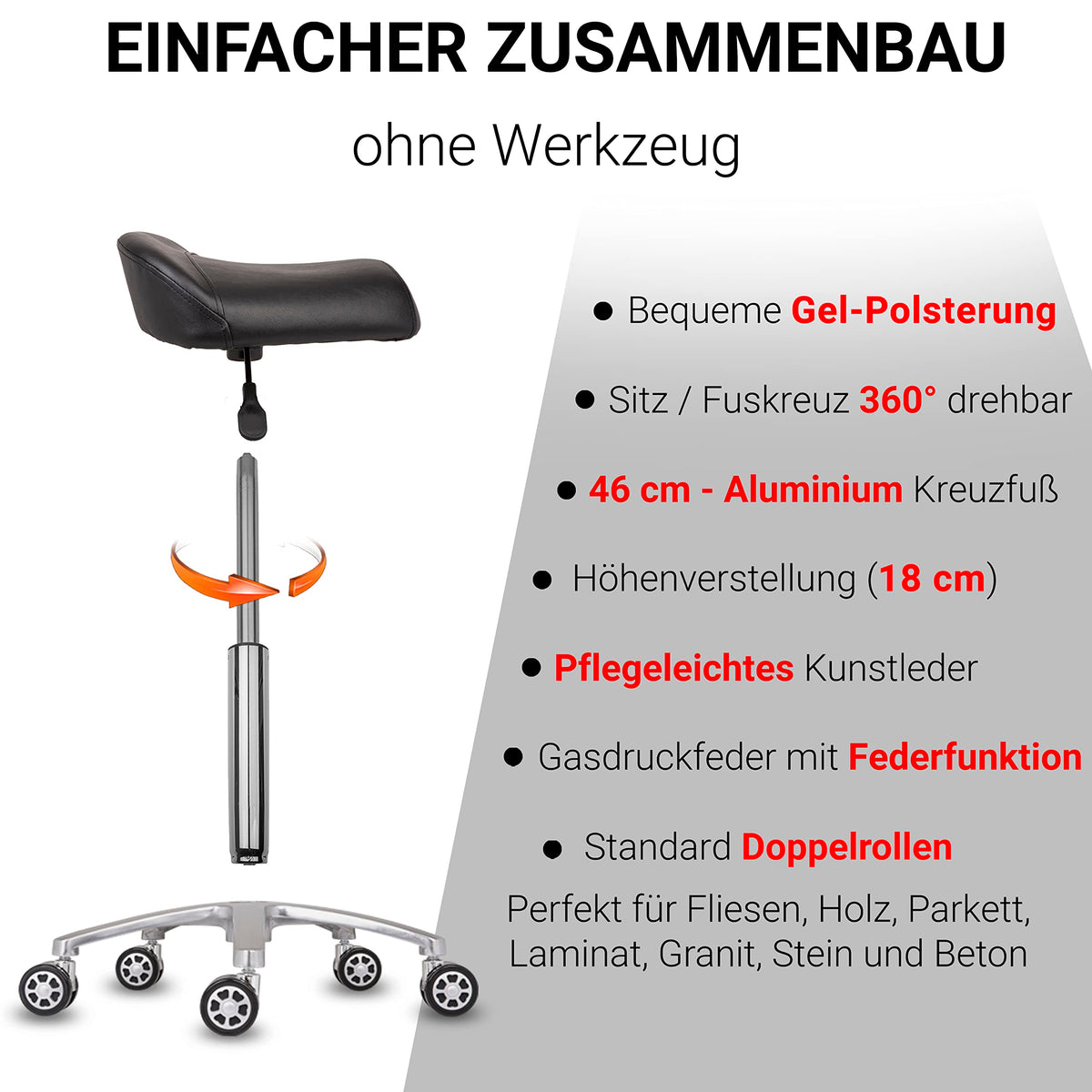 Staboos Rollhocker bis 160 kg - Sattelsitz ergonomisch geformter Praxishocker mit Rollen - Drehhocker höhenverstellbar (55 cm bis 75 cm) Breitsitz