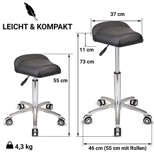 Staboos Rollhocker bis 160 kg - Sattelsitz ergonomisch geformter Praxishocker mit Rollen - Drehhocker höhenverstellbar (55 cm bis 75 cm) Breitsitz