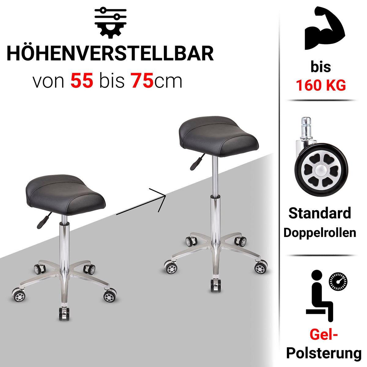 Staboos Rollhocker bis 160 kg - Sattelsitz ergonomisch geformter Praxishocker mit Rollen - Drehhocker höhenverstellbar (55 cm bis 75 cm) Breitsitz