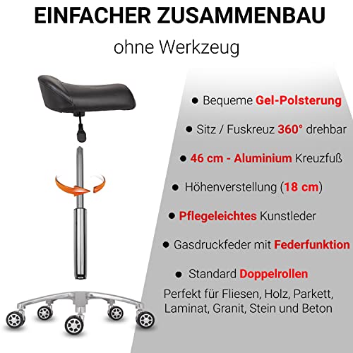 Staboos Rollhocker bis 160 kg - Sattelsitz ergonomisch geformter Praxishocker mit Rollen - Drehhocker höhenverstellbar (55 cm bis 75 cm) Breitsitz