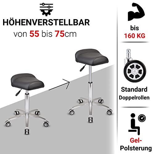 Staboos Rollhocker bis 160 kg - Sattelsitz ergonomisch geformter Praxishocker mit Rollen - Drehhocker höhenverstellbar (55 cm bis 75 cm) Breitsitz