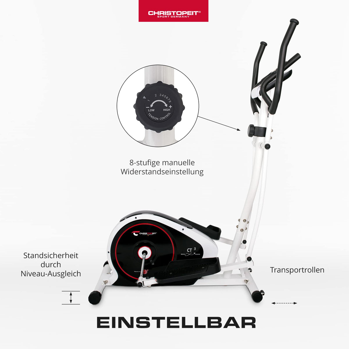CHRISTOPEIT Crosstrainer für Zuhause - leiser Ellipsentrainer - 8-stufiger Widerstand, Handpulssensoren, 7kg Magnetbremssystem, LCD-Display, Tablethalterung