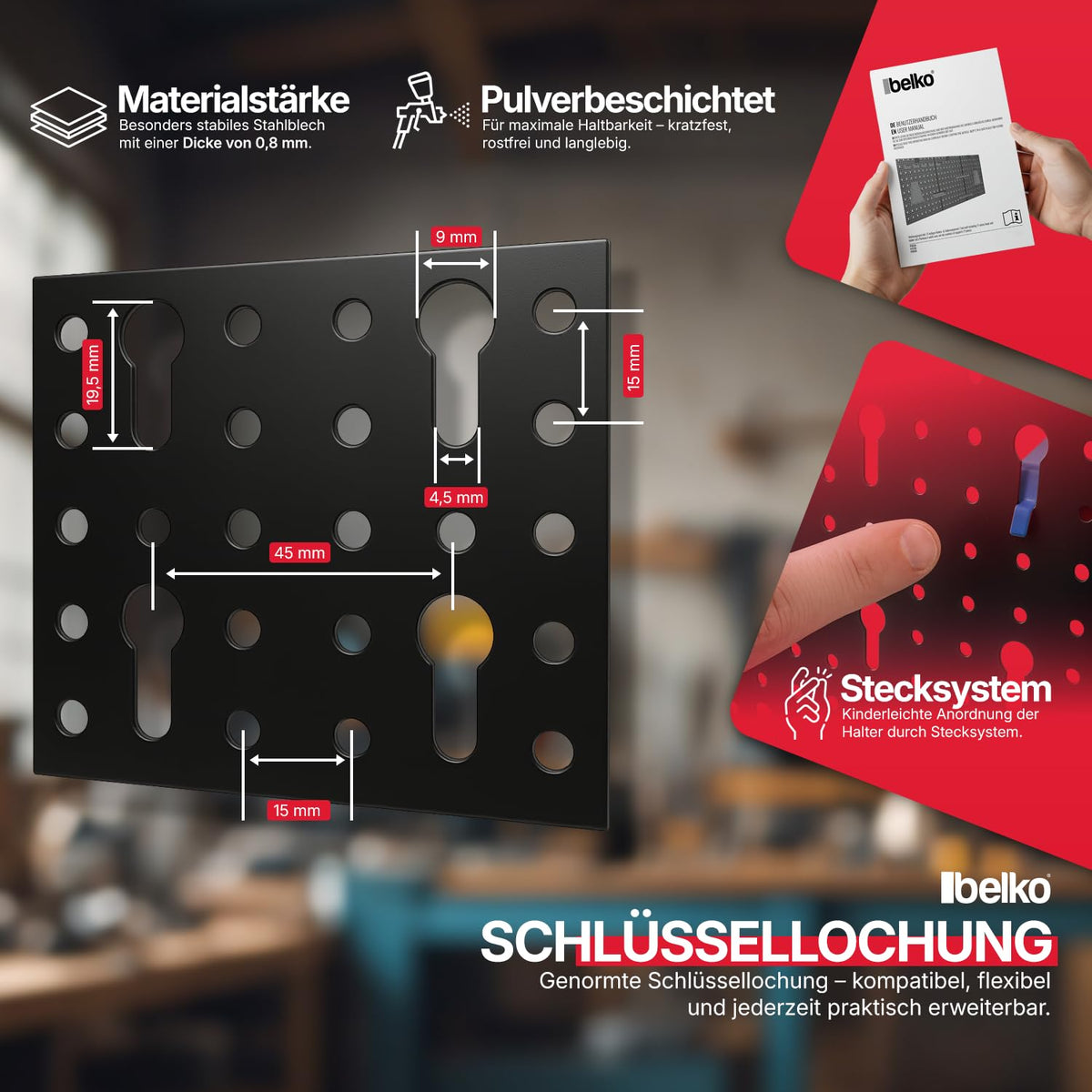 Werkzeuglochwand aus Metall mit 17tlg. Hakenset, ca. 120 x 60 x 1,5 cm, Werkzeug-wand Loch-wand für Werkstatt, Blau, Panorama24…