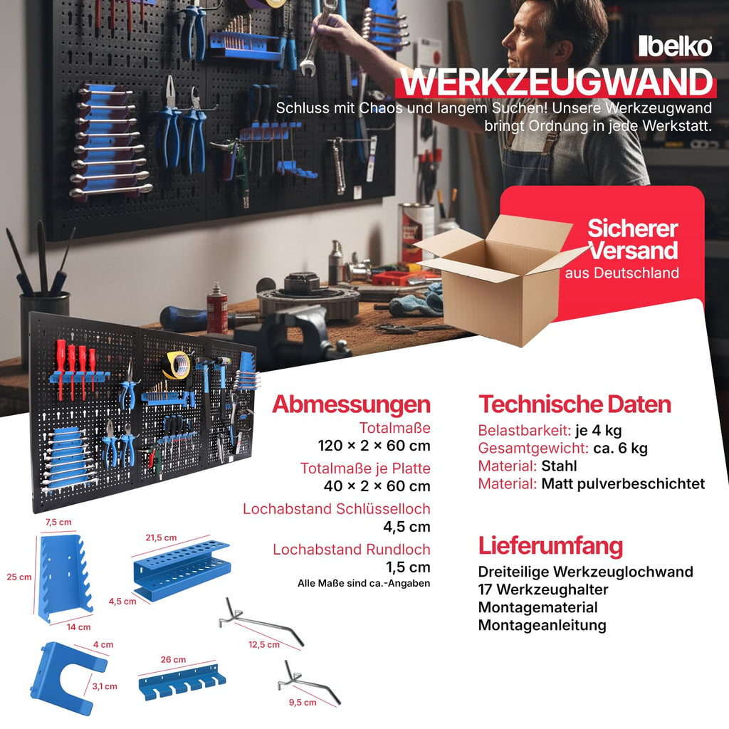 Werkzeuglochwand aus Metall mit 17tlg. Hakenset, ca. 120 x 60 x 1,5 cm, Werkzeug-wand Loch-wand für Werkstatt, Blau, Panorama24…