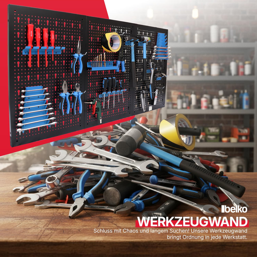 Werkzeuglochwand aus Metall mit 17tlg. Hakenset, ca. 120 x 60 x 1,5 cm, Werkzeug-wand Loch-wand für Werkstatt, Blau, Panorama24…
