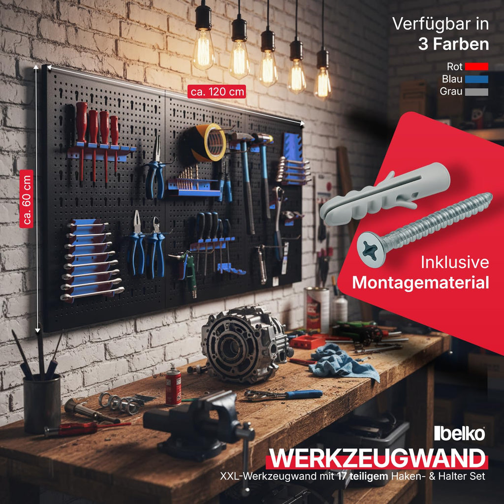 Werkzeuglochwand aus Metall mit 17tlg. Hakenset, ca. 120 x 60 x 1,5 cm, Werkzeug-wand Loch-wand für Werkstatt, Blau, Panorama24…