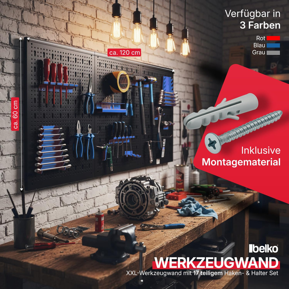 Werkzeuglochwand aus Metall mit 17tlg. Hakenset, ca. 120 x 60 x 1,5 cm, Werkzeug-wand Loch-wand für Werkstatt, Blau, Panorama24…