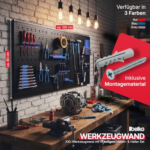 Werkzeuglochwand aus Metall mit 17tlg. Hakenset, ca. 120 x 60 x 1,5 cm, Werkzeug-wand Loch-wand für Werkstatt, Blau, Panorama24…