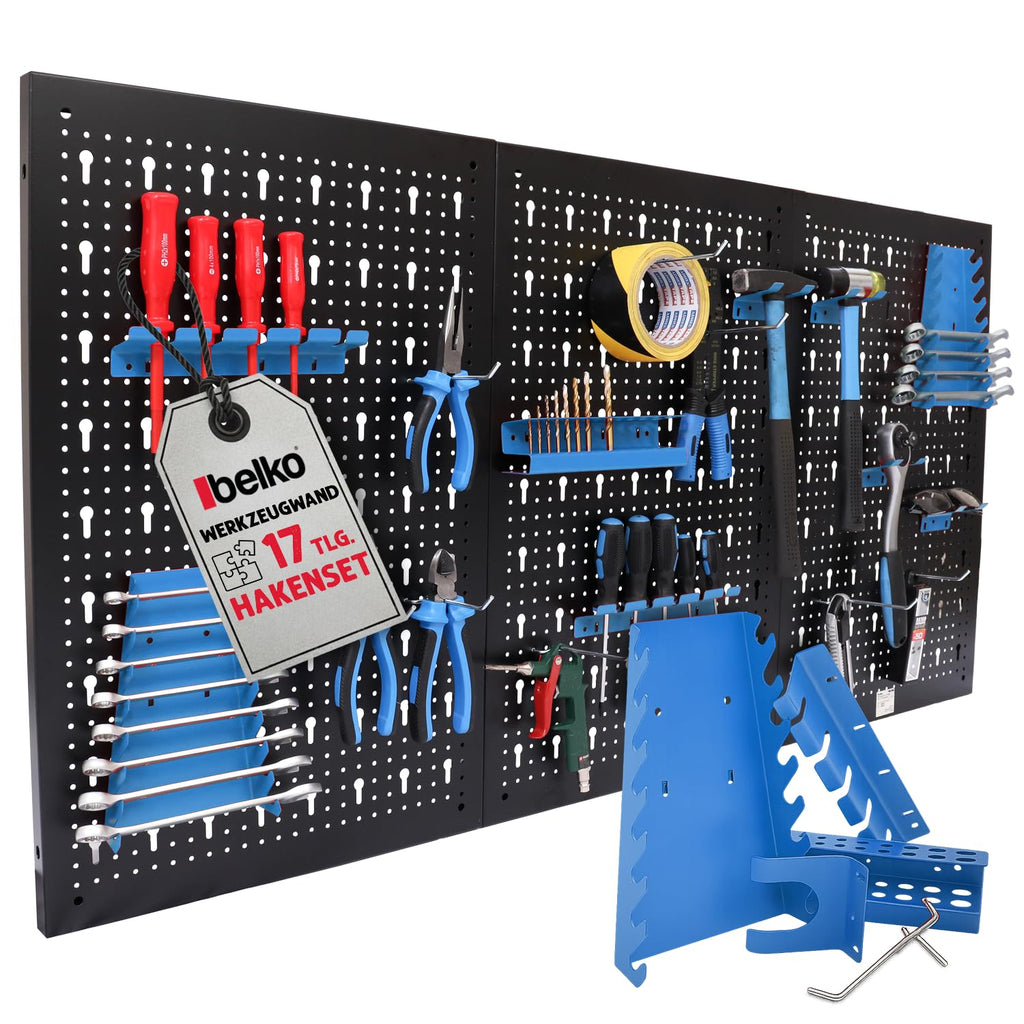 Werkzeuglochwand aus Metall mit 17tlg. Hakenset, ca. 120 x 60 x 1,5 cm, Werkzeug-wand Loch-wand für Werkstatt, Blau, Panorama24…