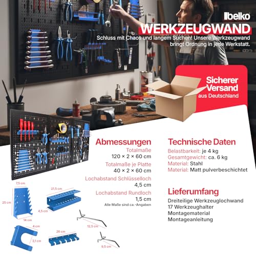 Werkzeuglochwand aus Metall mit 17tlg. Hakenset, ca. 120 x 60 x 1,5 cm, Werkzeug-wand Loch-wand für Werkstatt, Blau, Panorama24…