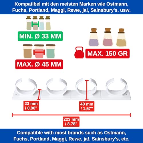Gewürze Organizer zum Kleben, für bis 16 Gewürzdosen, Weiss, für Gewürz-Streuer mit Ø 33 - 45 mm und max. 150 Gramm, Gewürz Halterung für Gewürzgläser, Schrankeinsatz Gewürzregal, Glashalter Schrank