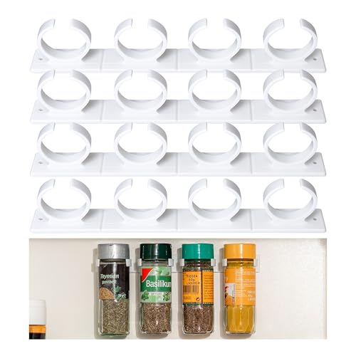 Gewürze Organizer zum Kleben, für bis 16 Gewürzdosen, Weiss, für Gewürz-Streuer mit Ø 33 - 45 mm und max. 150 Gramm, Gewürz Halterung für Gewürzgläser, Schrankeinsatz Gewürzregal, Glashalter Schrank