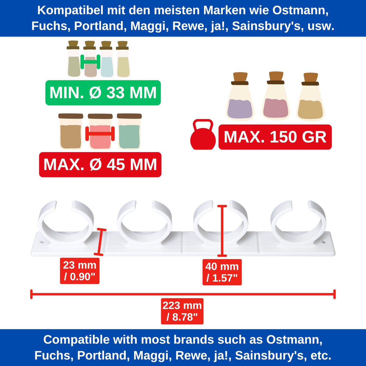 Gewürze Organizer zum Kleben, für bis 16 Gewürzdosen, Weiss, für Gewürz-Streuer mit Ø 33 - 45 mm und max. 150 Gramm, Gewürz Halterung für Gewürzgläser, Schrankeinsatz Gewürzregal, Glashalter Schrank