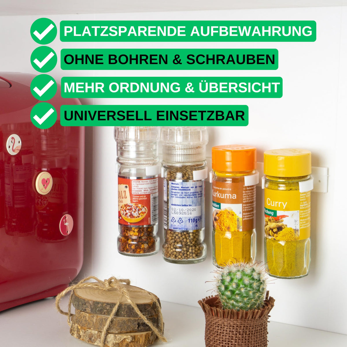 Gewürze Organizer zum Kleben, für bis 16 Gewürzdosen, Weiss, für Gewürz-Streuer mit Ø 33 - 45 mm und max. 150 Gramm, Gewürz Halterung für Gewürzgläser, Schrankeinsatz Gewürzregal, Glashalter Schrank