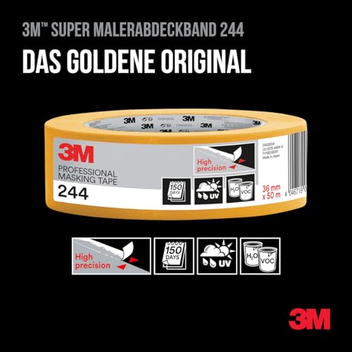 3M Pro Malerabdeckband 244 - 1 Rolle 18 mm x 50 m - für scharfe Farbkanten, UV-beständig, innen und außen