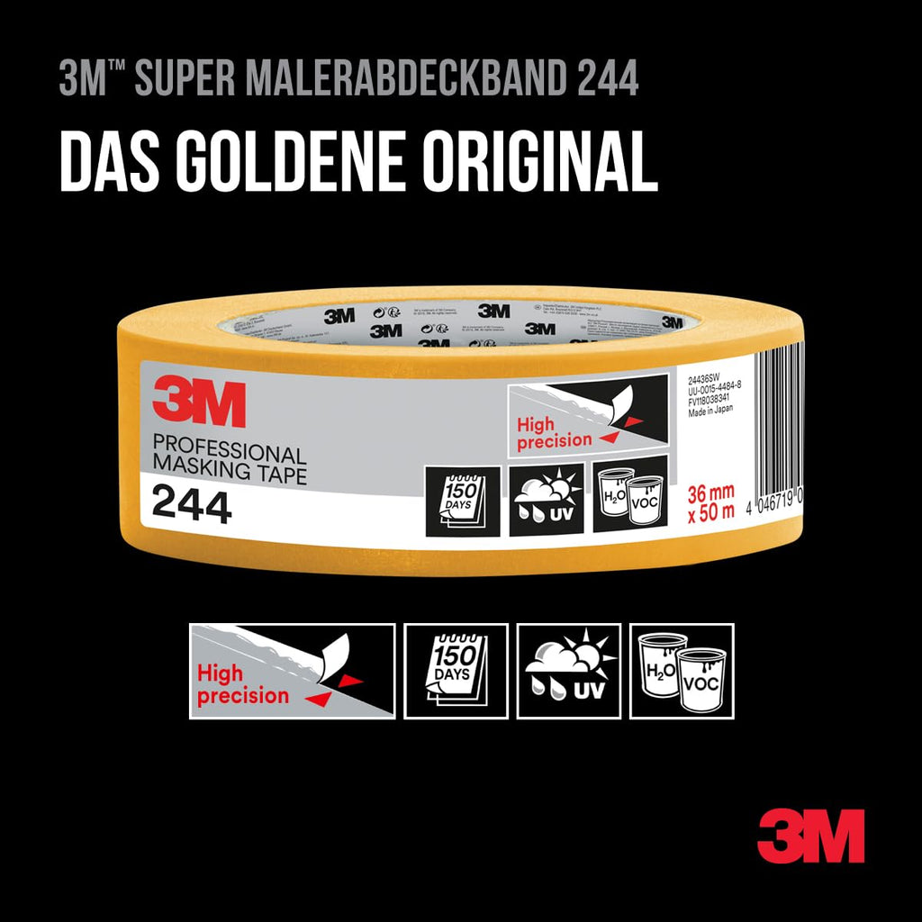 3M Pro Malerabdeckband 244 - 1 Rolle 18 mm x 50 m - für scharfe Farbkanten, UV-beständig, innen und außen