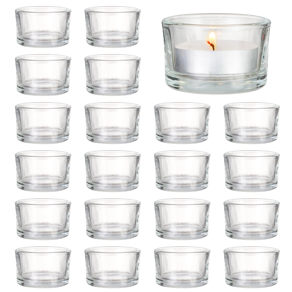 MATANA – 24 Elegante Teelichthalter - Teelichter Glas für Zuhause, 5cm Teelichthalter, Klar Teelichtgläser - Kerzenglas für Hochzeit, Dekorativ Kerzenglas, Teelicht Gläser für Standard-Teelichter