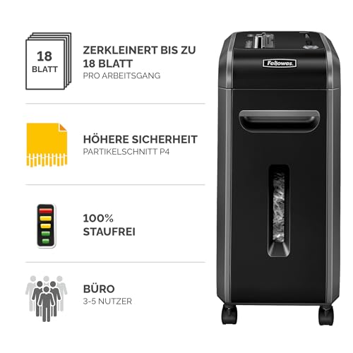 Fellowes 18 Blatt Aktenvernichter, Partikelschnitt (P4) Papierschredder für Büro, Powershred 99Ci, Schredder mit 100% staufrei Technologie, Safesense, Energiesparsystem, 34L Papierkorb, CD Schredder