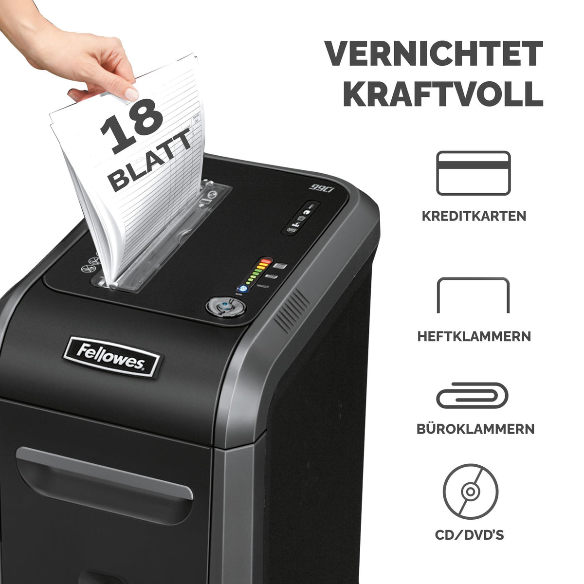 Fellowes 18 Blatt Aktenvernichter, Partikelschnitt (P4) Papierschredder für Büro, Powershred 99Ci, Schredder mit 100% staufrei Technologie, Safesense, Energiesparsystem, 34L Papierkorb, CD Schredder