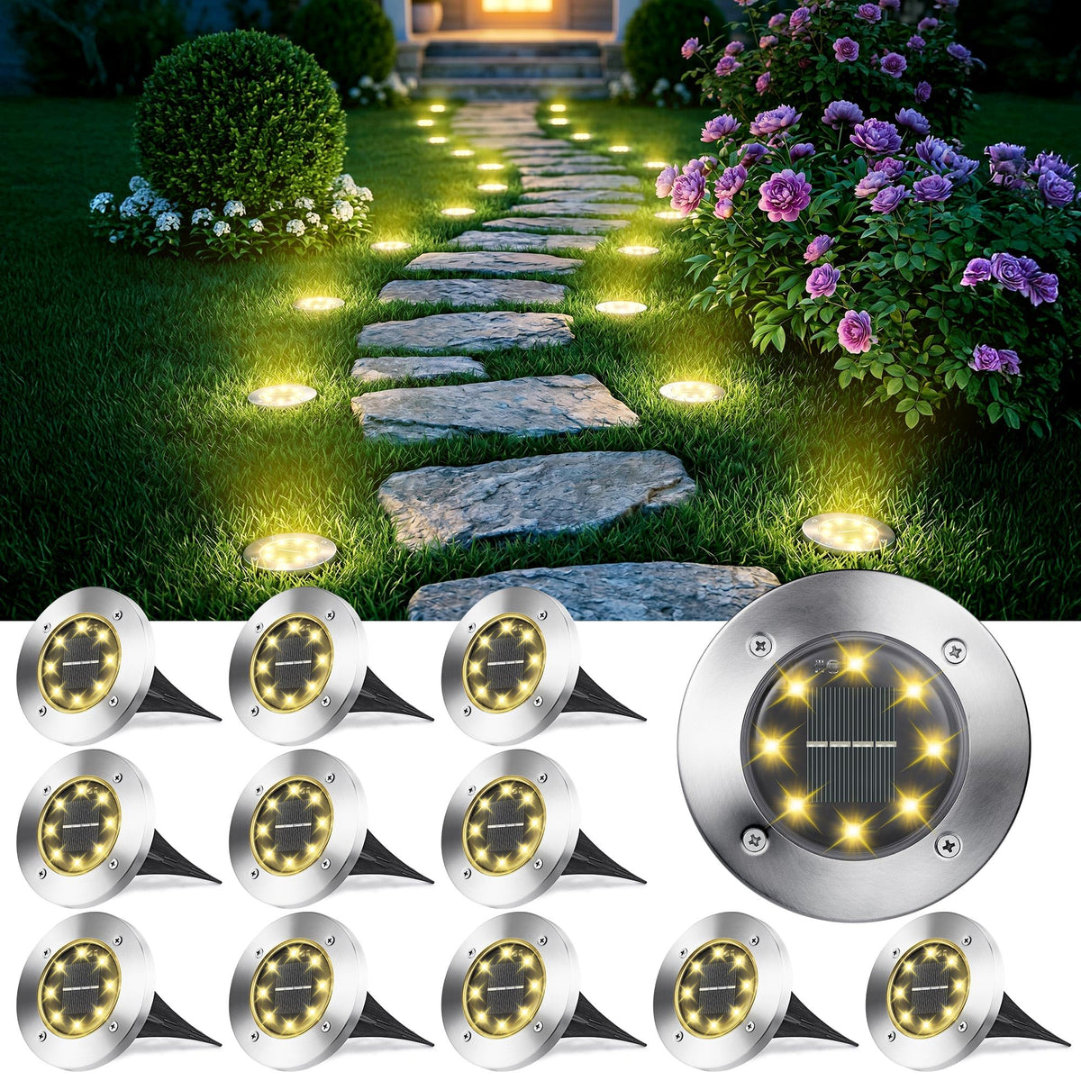 Joomer Solar Bodenleuchten Aussen mit 8 LEDs 12 Stück 3000K Warmweiß