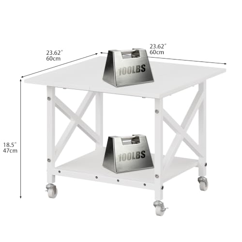VEDECASA 2 Ebenen Druckerständer mit Rollen, Großer Druckertisch 60x60cm, Stabiler Druckerwagen mit Ablage und X-Rahmen für Büro und Home Office, Weiß, Passt Fuer Grosse Drucker, Leicht Beweglich,Weiß