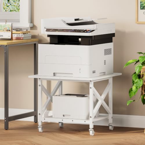 VEDECASA 2 Ebenen Druckerständer mit Rollen, Großer Druckertisch 60x60cm, Stabiler Druckerwagen mit Ablage und X-Rahmen für Büro und Home Office, Weiß, Passt Fuer Grosse Drucker, Leicht Beweglich,Weiß