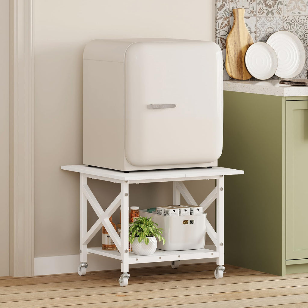 VEDECASA 2 Ebenen Druckerständer mit Rollen, Großer Druckertisch 60x60cm, Stabiler Druckerwagen mit Ablage und X-Rahmen für Büro und Home Office, Weiß, Passt Fuer Grosse Drucker, Leicht Beweglich,Weiß