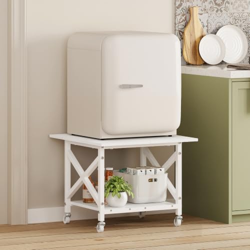 VEDECASA 2 Ebenen Druckerständer mit Rollen, Großer Druckertisch 60x60cm, Stabiler Druckerwagen mit Ablage und X-Rahmen für Büro und Home Office, Weiß, Passt Fuer Grosse Drucker, Leicht Beweglich,Weiß