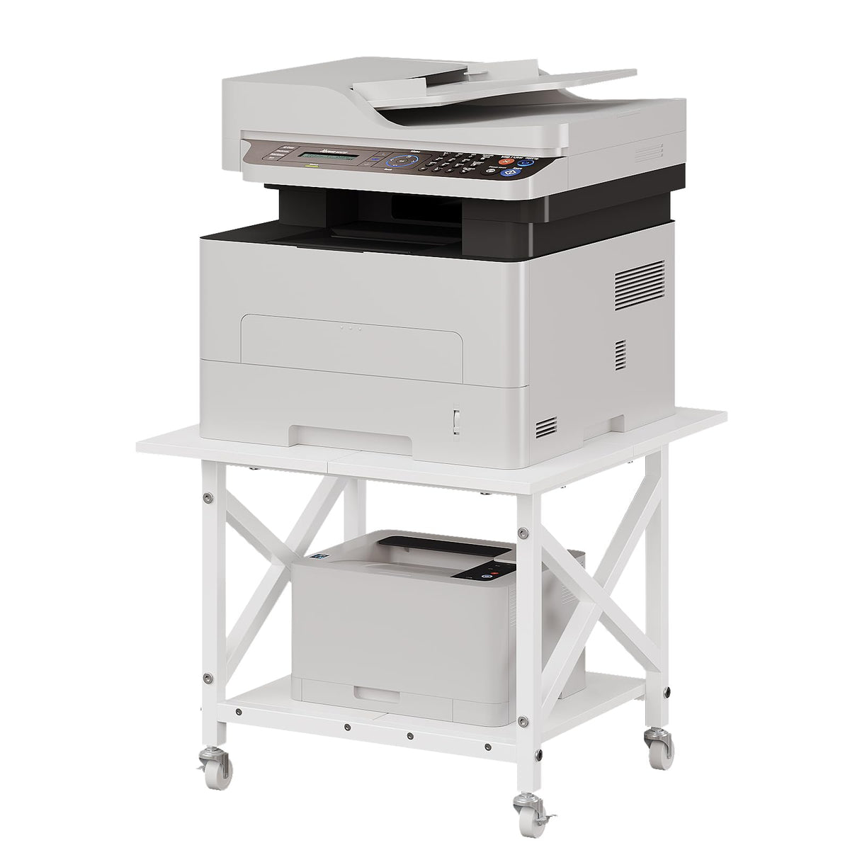 VEDECASA 2 Ebenen Druckerständer mit Rollen, Großer Druckertisch 60x60cm, Stabiler Druckerwagen mit Ablage und X-Rahmen für Büro und Home Office, Weiß, Passt Fuer Grosse Drucker, Leicht Beweglich,Weiß