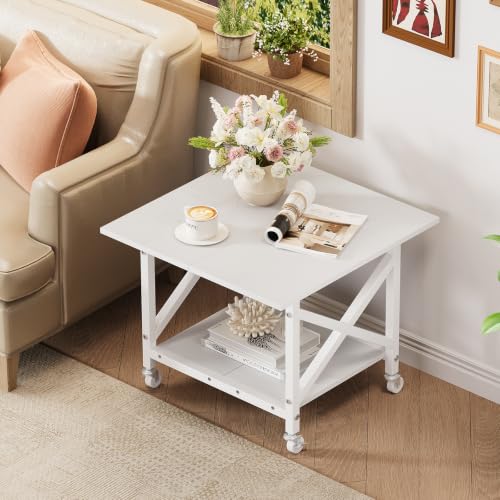 VEDECASA 2 Ebenen Druckerständer mit Rollen, Großer Druckertisch 60x60cm, Stabiler Druckerwagen mit Ablage und X-Rahmen für Büro und Home Office, Weiß, Passt Fuer Grosse Drucker, Leicht Beweglich,Weiß
