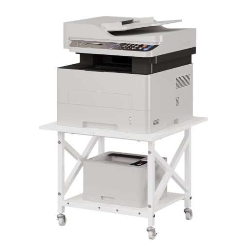 VEDECASA 2 Ebenen Druckerständer mit Rollen, Großer Druckertisch 60x60cm, Stabiler Druckerwagen mit Ablage und X-Rahmen für Büro und Home Office, Weiß, Passt Fuer Grosse Drucker, Leicht Beweglich,Weiß