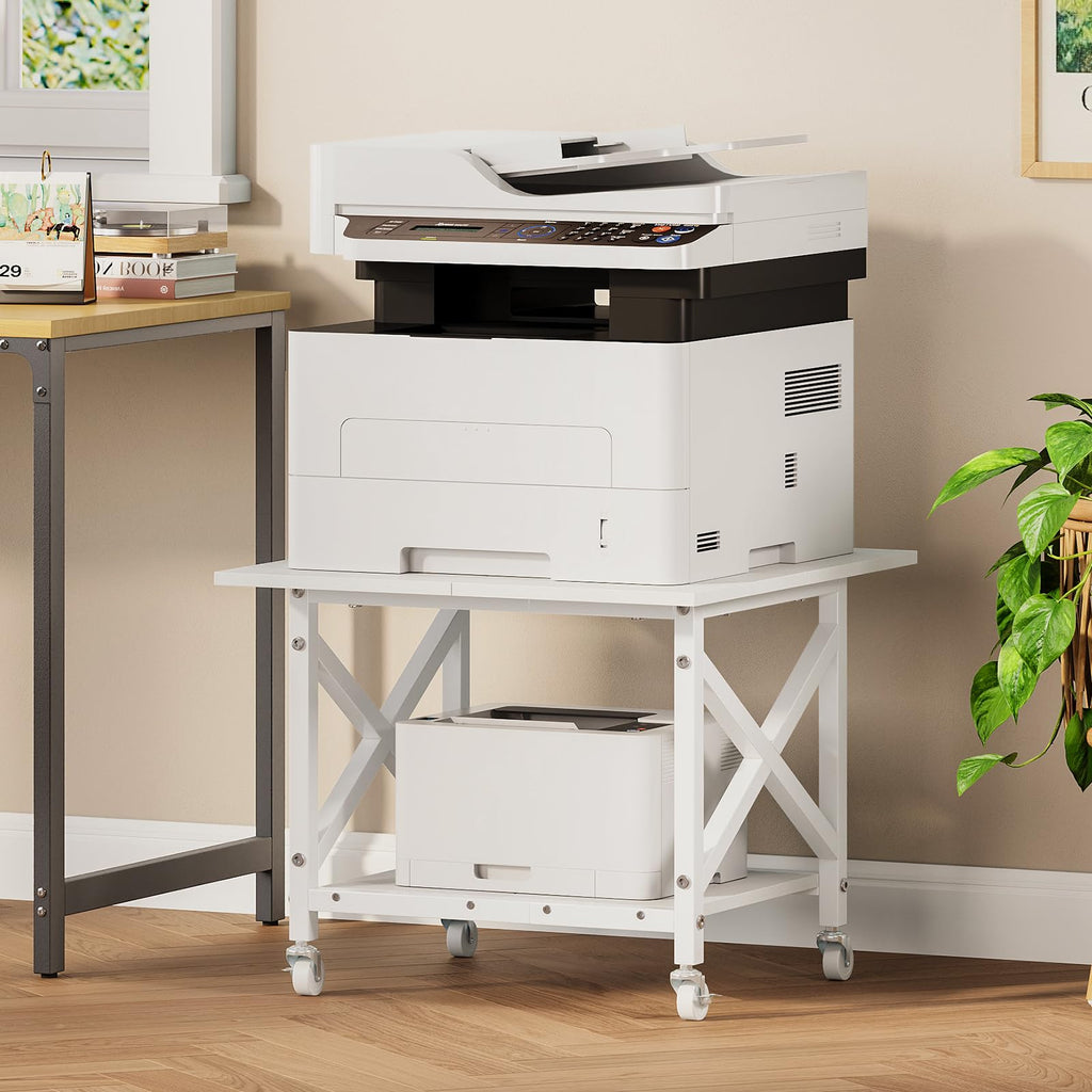 VEDECASA 2 Ebenen Druckerständer mit Rollen, Großer Druckertisch 60x60cm, Stabiler Druckerwagen mit Ablage und X-Rahmen für Büro und Home Office, Weiß, Passt Fuer Grosse Drucker, Leicht Beweglich,Weiß