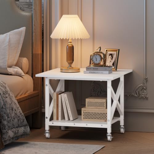 VEDECASA 2 Ebenen Druckerständer mit Rollen, Großer Druckertisch 60x60cm, Stabiler Druckerwagen mit Ablage und X-Rahmen für Büro und Home Office, Weiß, Passt Fuer Grosse Drucker, Leicht Beweglich,Weiß