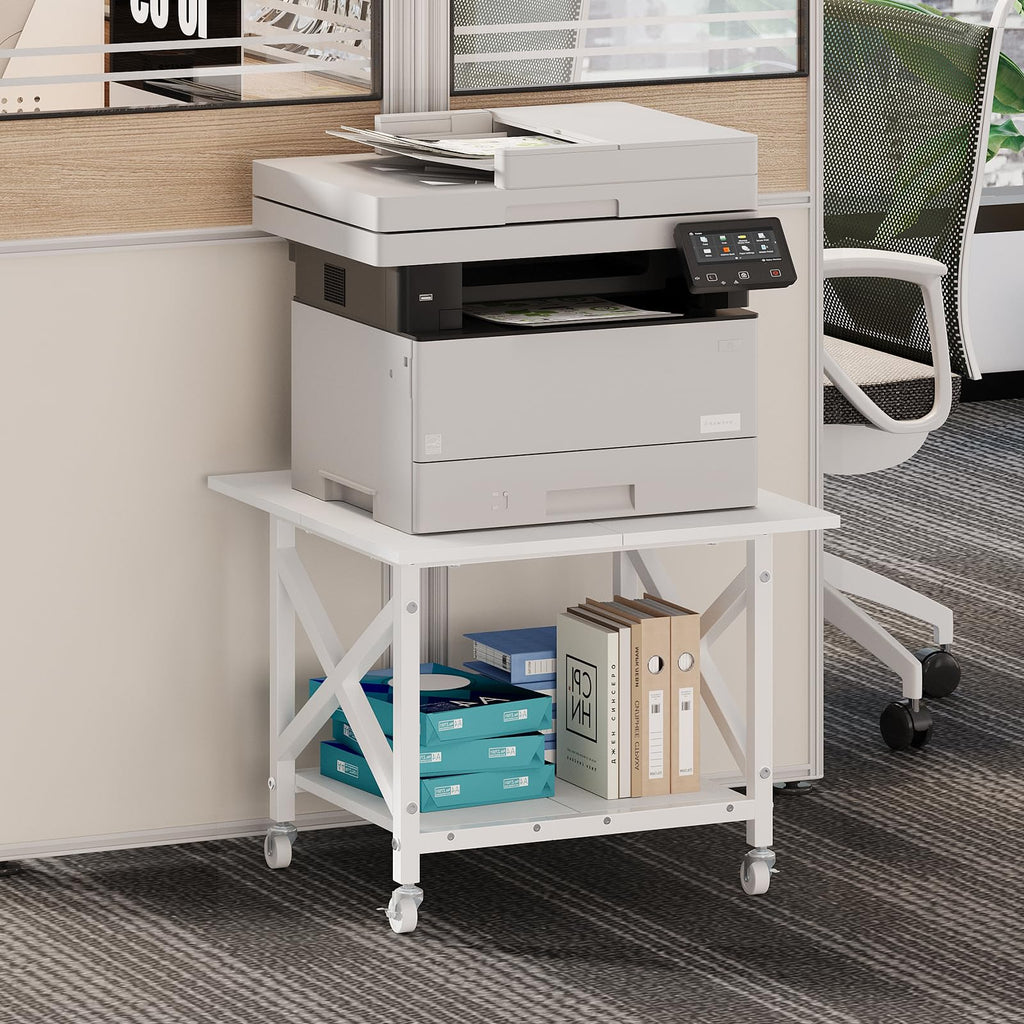 VEDECASA 2 Ebenen Druckerständer mit Rollen, Großer Druckertisch 60x60cm, Stabiler Druckerwagen mit Ablage und X-Rahmen für Büro und Home Office, Weiß, Passt Fuer Grosse Drucker, Leicht Beweglich,Weiß